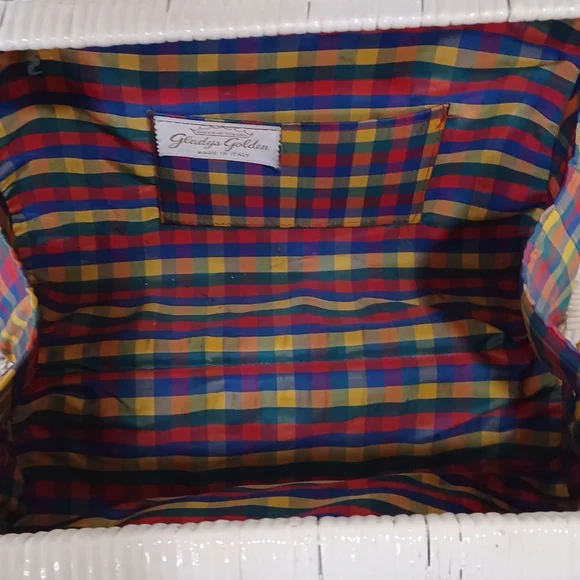 Gladys Golden Italian Vintage White Wicker Bag W/ Plaid Interior - Picture 11 of 15
